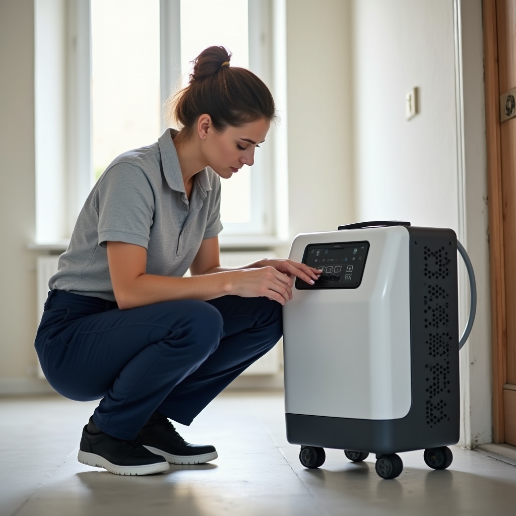 Technik przygotowujący generator ozonu do pracy w pomieszczeniu po awarii